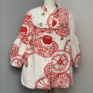 Anthropologie Elevenses Floral Tweed Coat Jacket Puff Sleeve Orange Cream Size 4